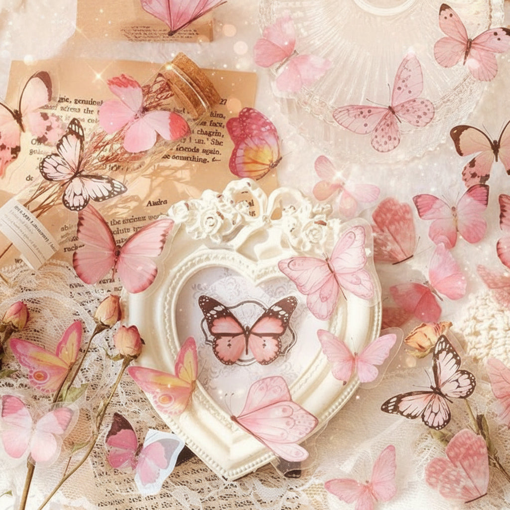 Decorative frame with pink butterfly design surrounded by additional pink butterflies on a textured surface.