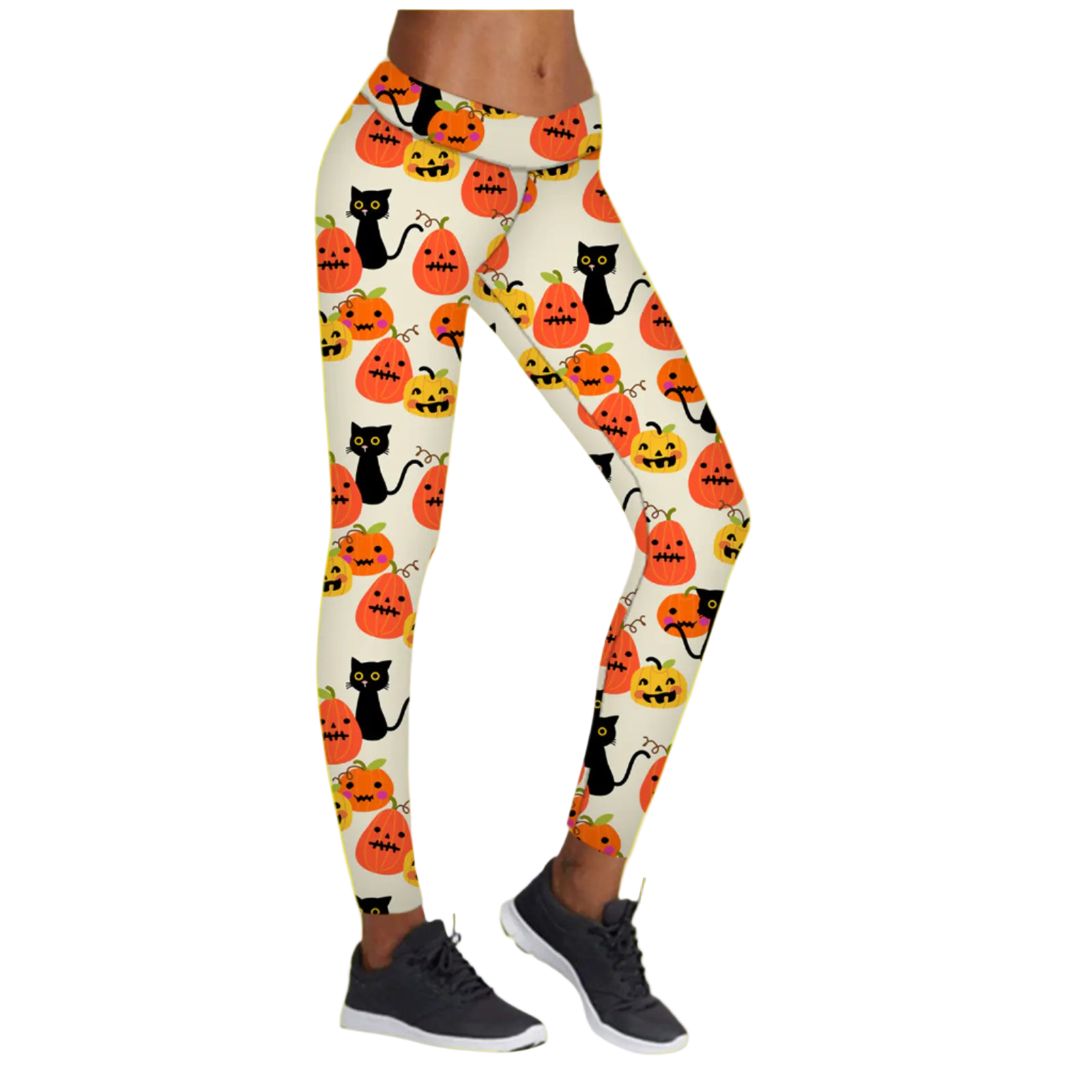 Leggings with Halloween-themed design featuring pumpkins and cats on a white background