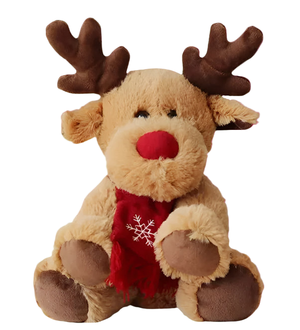 Plush reindeer toy with a red scarf on a white background