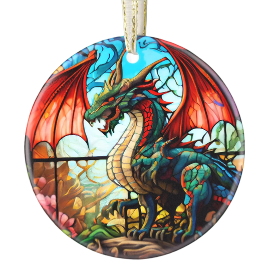 Colorful dragon ornament hanging on a Christmas tree