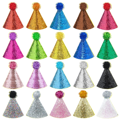 Set of colorful sequin party hats with pom-poms on a white background