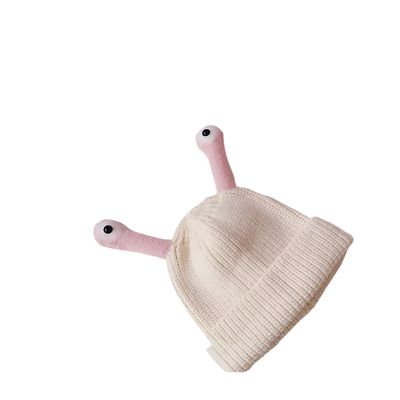 Knitted baby hat with a pink snake toy on a light gray background