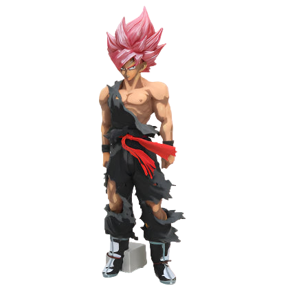 Action figure with pink hair and black outfit on a white background