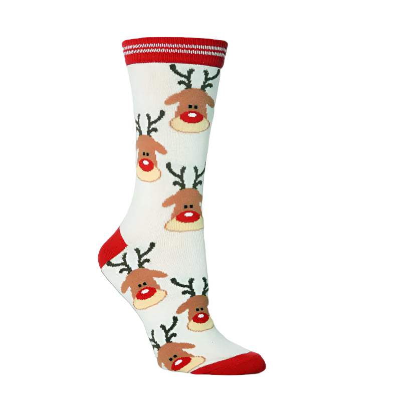 White sock with reindeer pattern on a white background