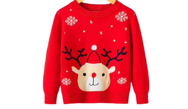 Red sweater with reindeer design on a hanger against a white background