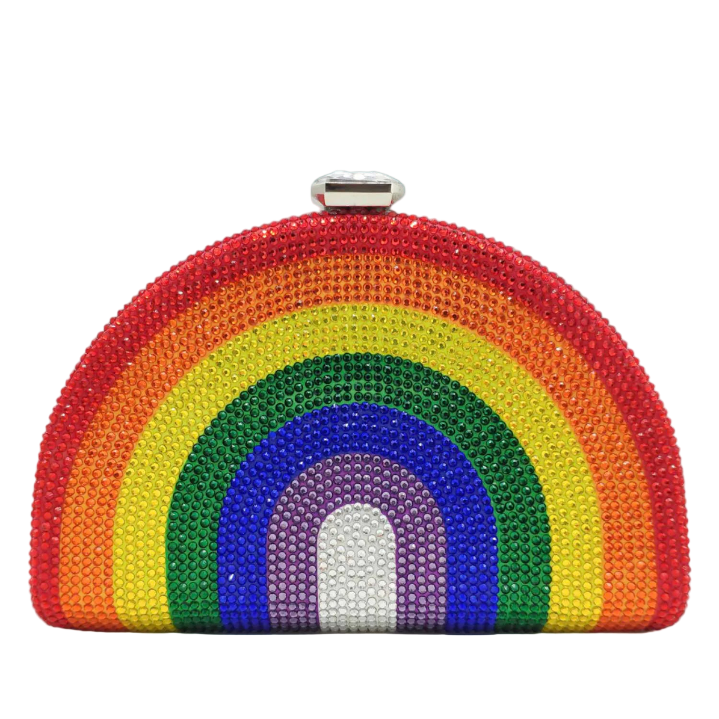 Rainbow-colored clutch bag with a metallic clasp on a white background