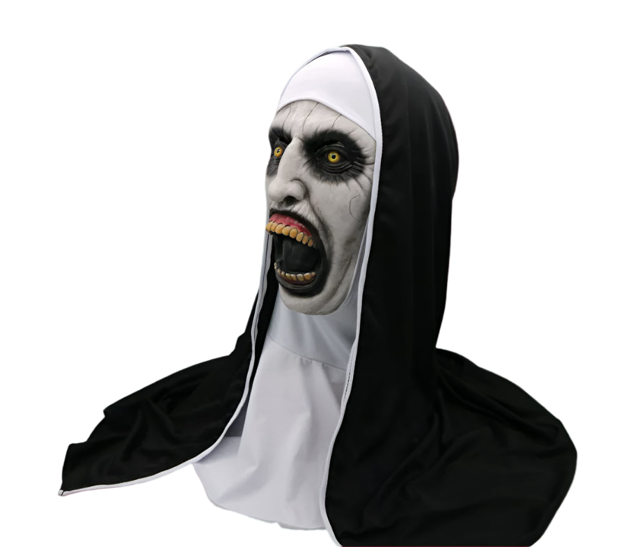 Halloween costume mask with black hood and white face on a white background