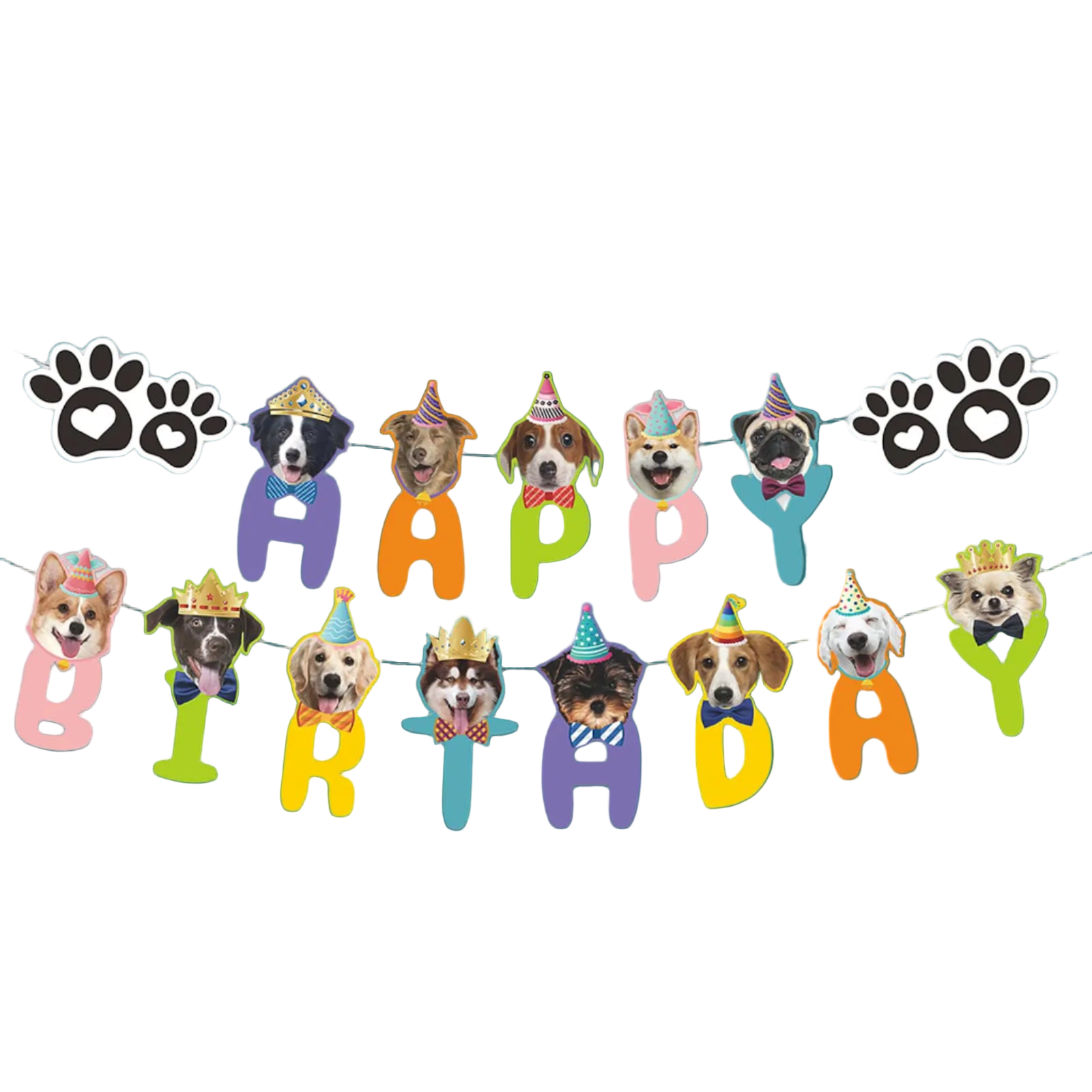 Dog-themed birthday banner with colorful letters spelling 'Happy Birthday' on a white background.