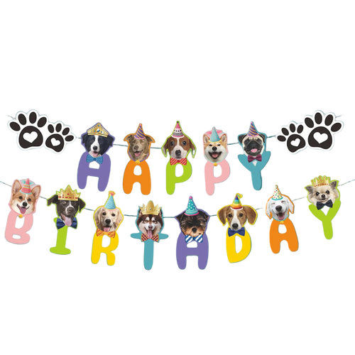 Dog-themed birthday banner with colorful letters spelling 'Happy Birthday' on a white background.