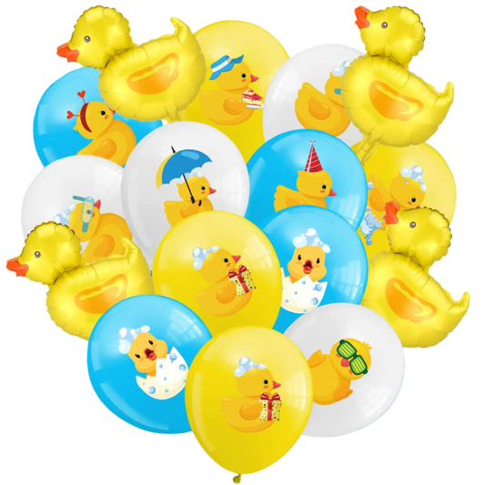 Collection of balloons featuring rubber duck designs on a white background