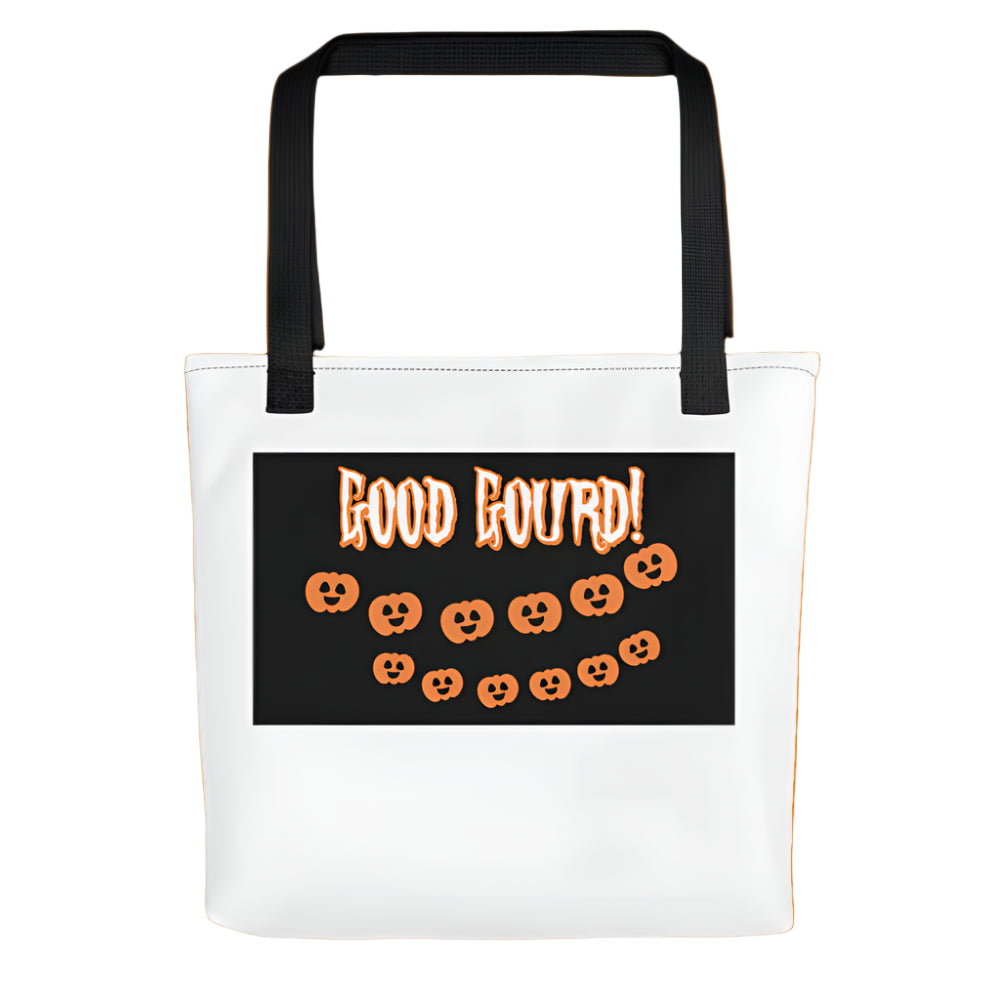 White tote bag with black handle and Halloween-themed design featuring pumpkins and text on a white background.