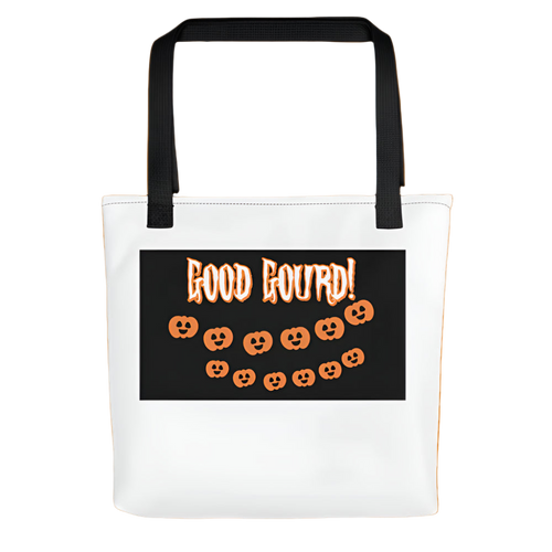 White tote bag with black handle and Halloween-themed design featuring pumpkins and text on a white background.