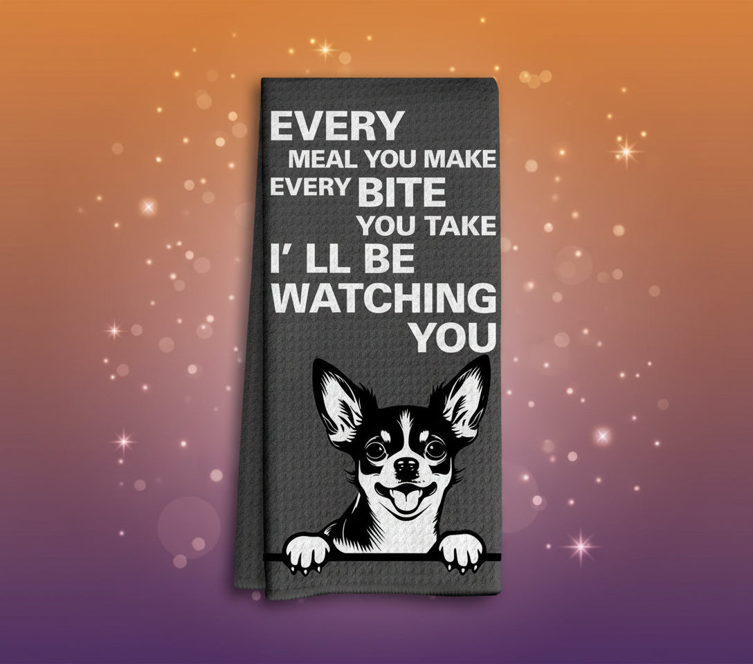 Tea towel with a dog illustration and humorous text on a black background