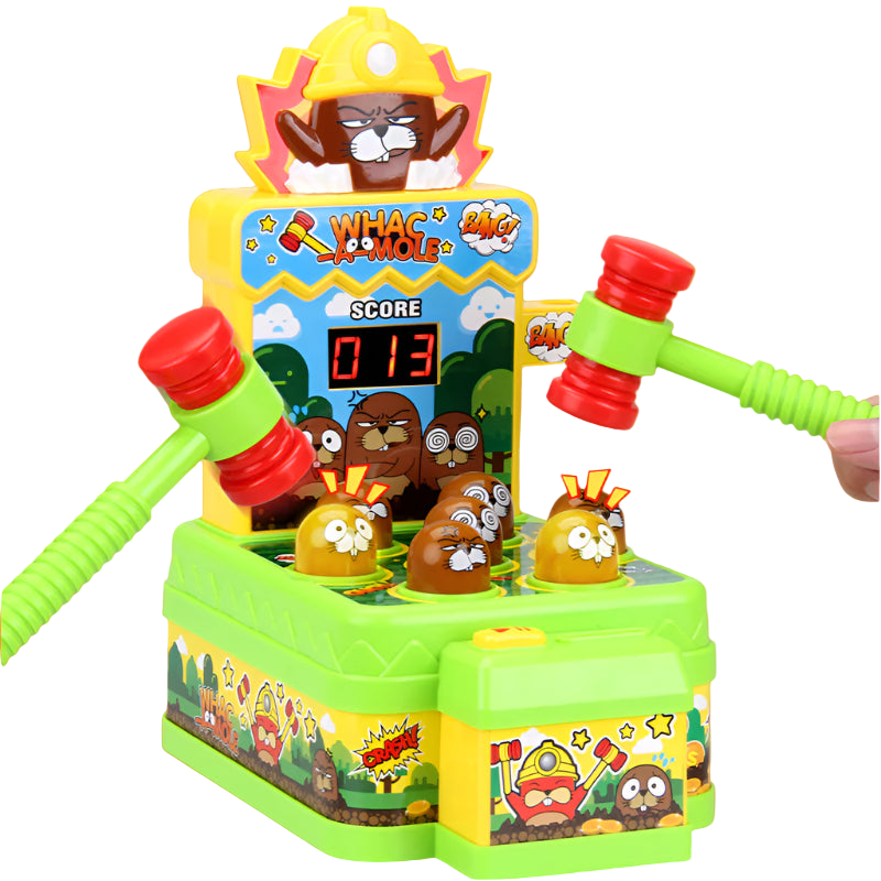 Children's toy with a hammer and cartoon characters on a green background