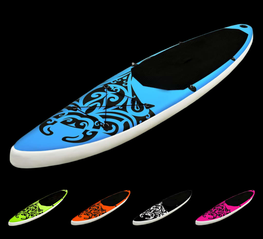 Inflatable kayak with blue and black design on a white background