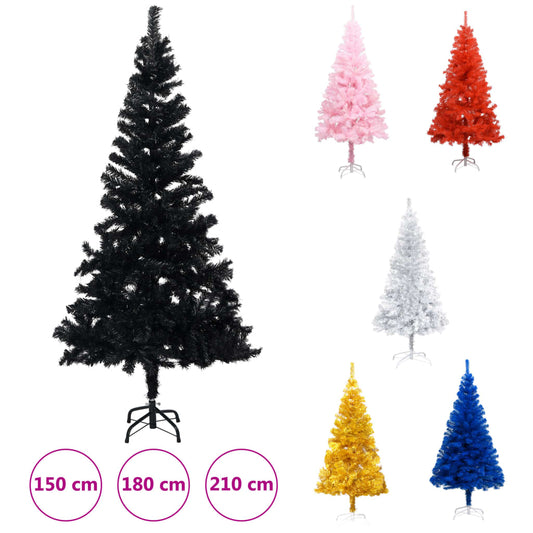 Set of six artificial Christmas trees in different colors with height indicators on a white background.