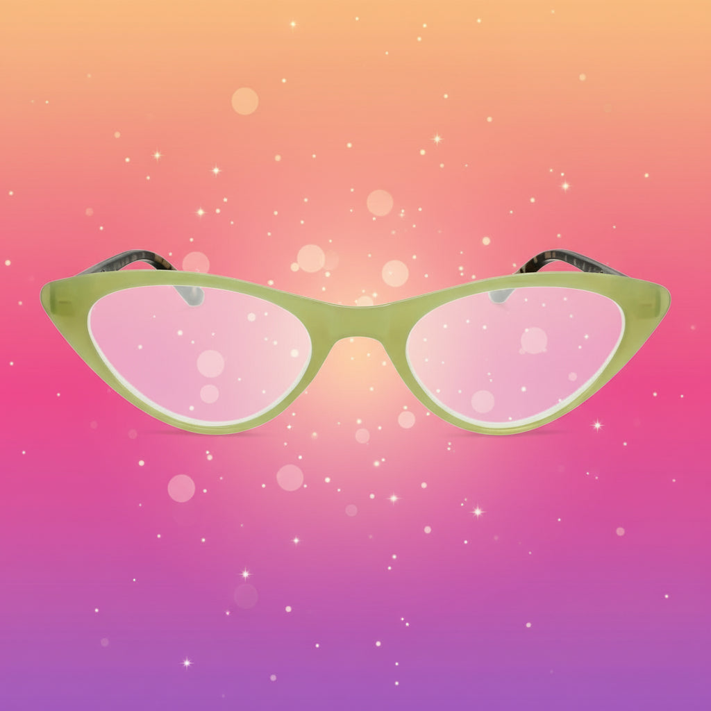 Cat-eye glasses with a green frame on a white background