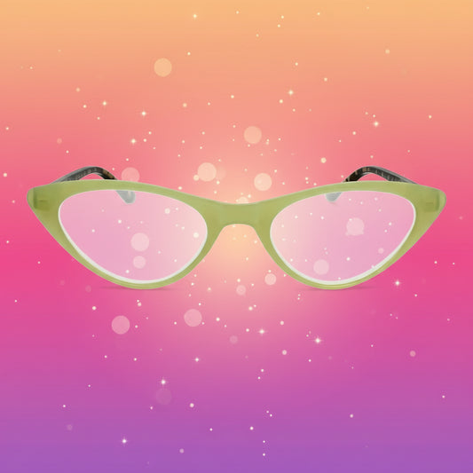Cat-eye glasses with a green frame on a white background