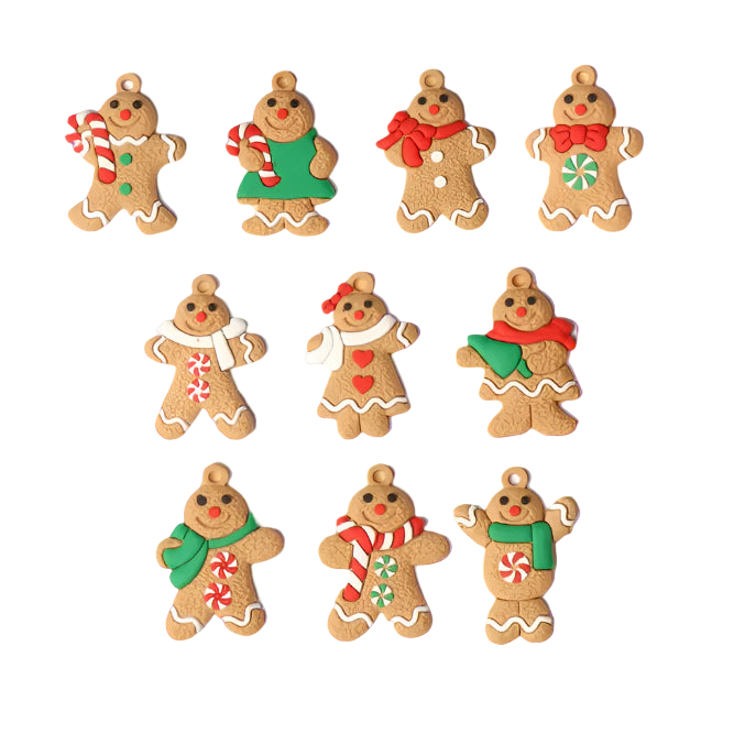 Set of gingerbread cookie figurines with various accessories on a white background