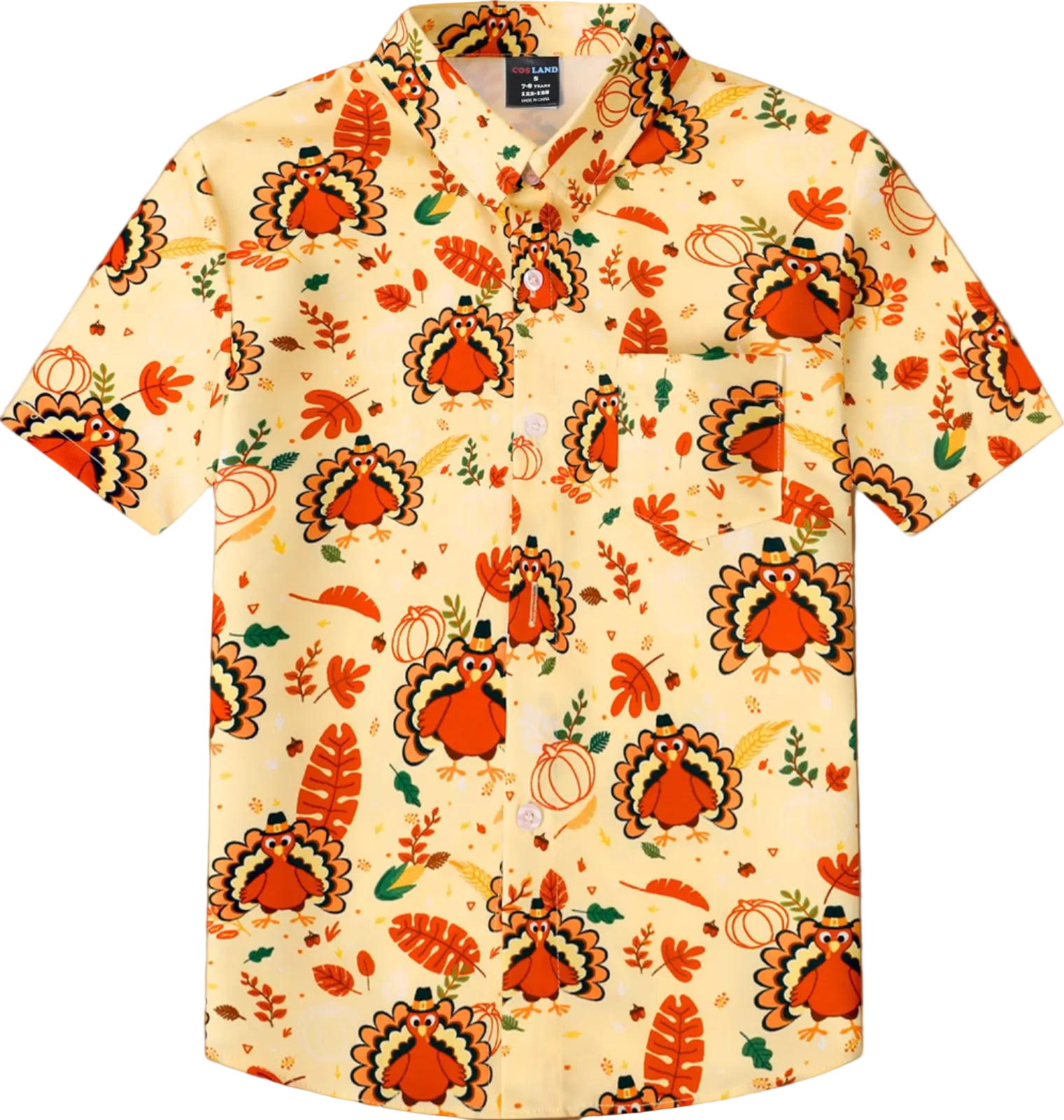Beige shirt with Thanksgiving-themed turkey and leaf pattern on a white background