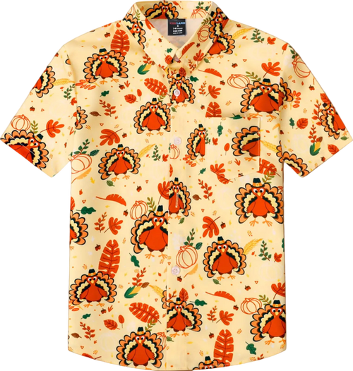 Beige shirt with Thanksgiving-themed turkey and leaf pattern on a white background