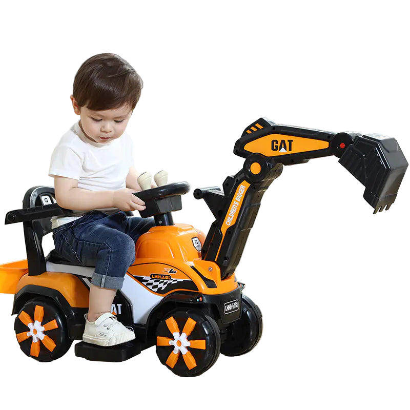 Child playing with a toy excavator on a wooden floor.
