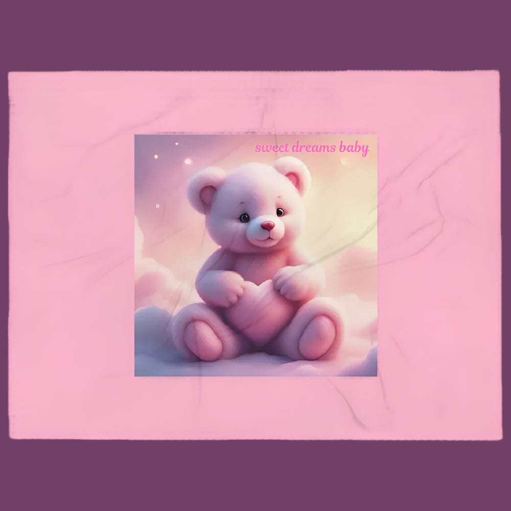 Pink teddy bear with a heart on a pink background with 'sweet dreams baby' text.