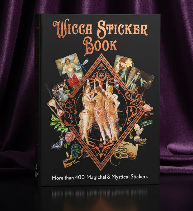 A 3D mockup of the 'Wicca Sticker Book' by Shambala Publications. The book cover is black with ornate gold lettering and a central diamond-shaped illustration featuring classical figures in a golden robe, surrounded by small mystical and floral illustrations.