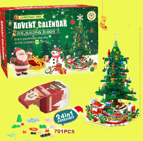 Christmas tree advent calendar with building blocks and packaging