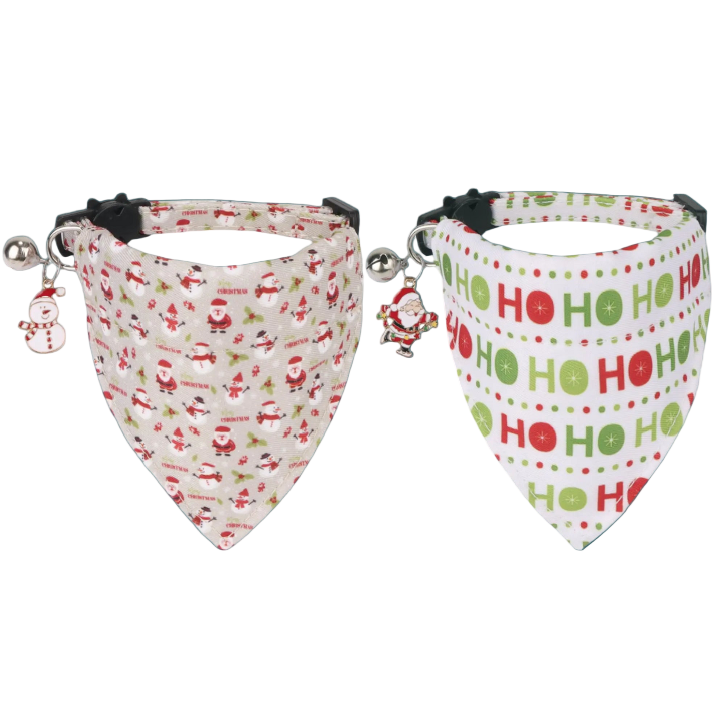 Two Christmas-themed dog bandanas with festive patterns on a white background.
