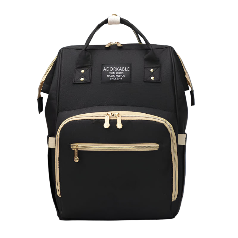 Black backpack with gold accents and 'Adorkable' branding on a white background