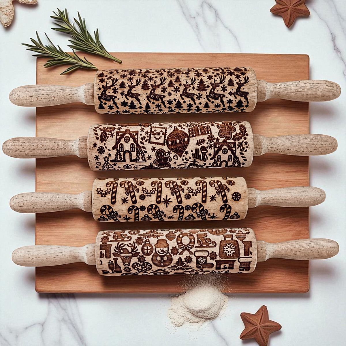 Four wooden rolling pins with embossed patterns on a wooden board, surrounded by flour and star anise.