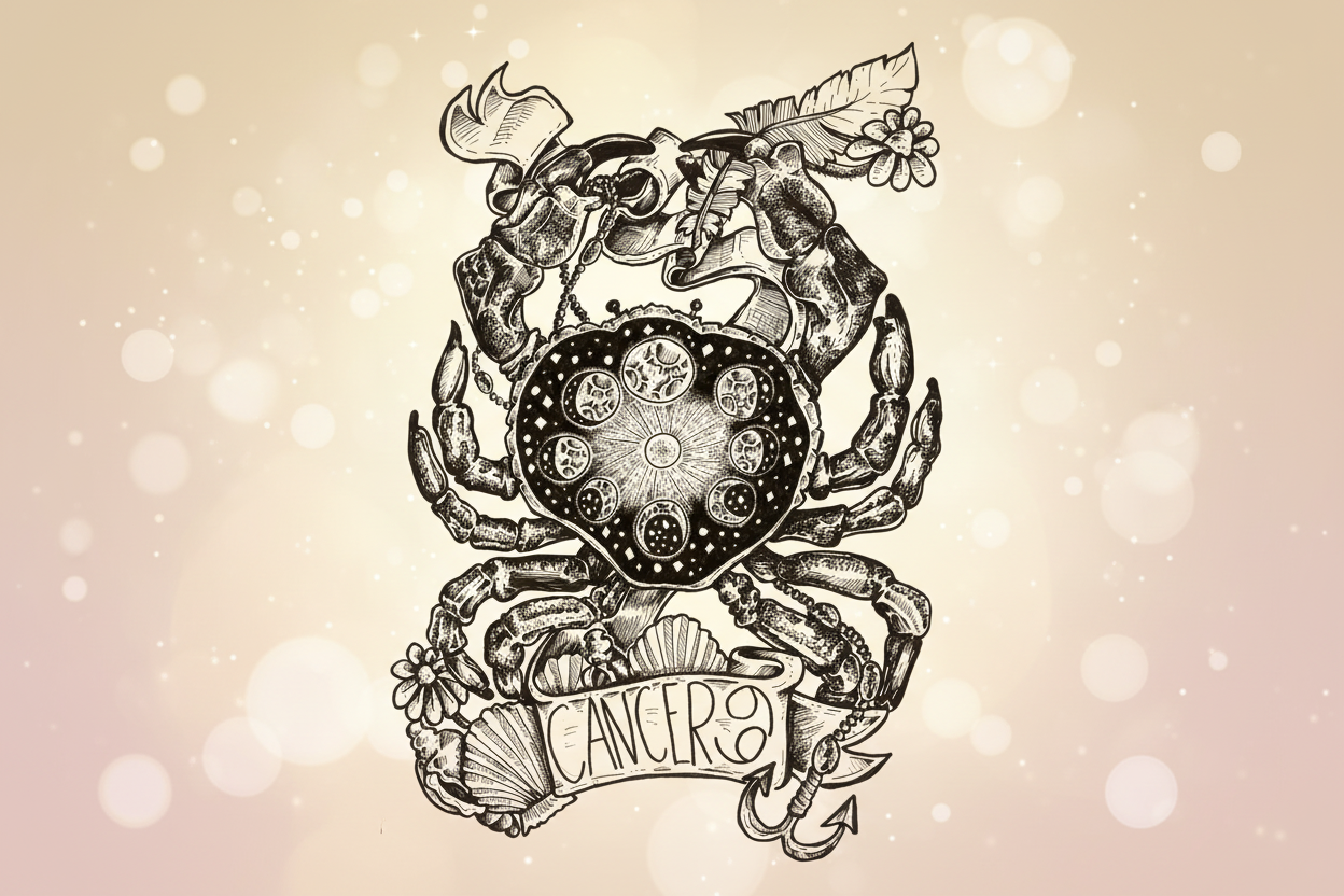 Zodiac sign Cancer design with crab, heart, and decorative elements on a beige background