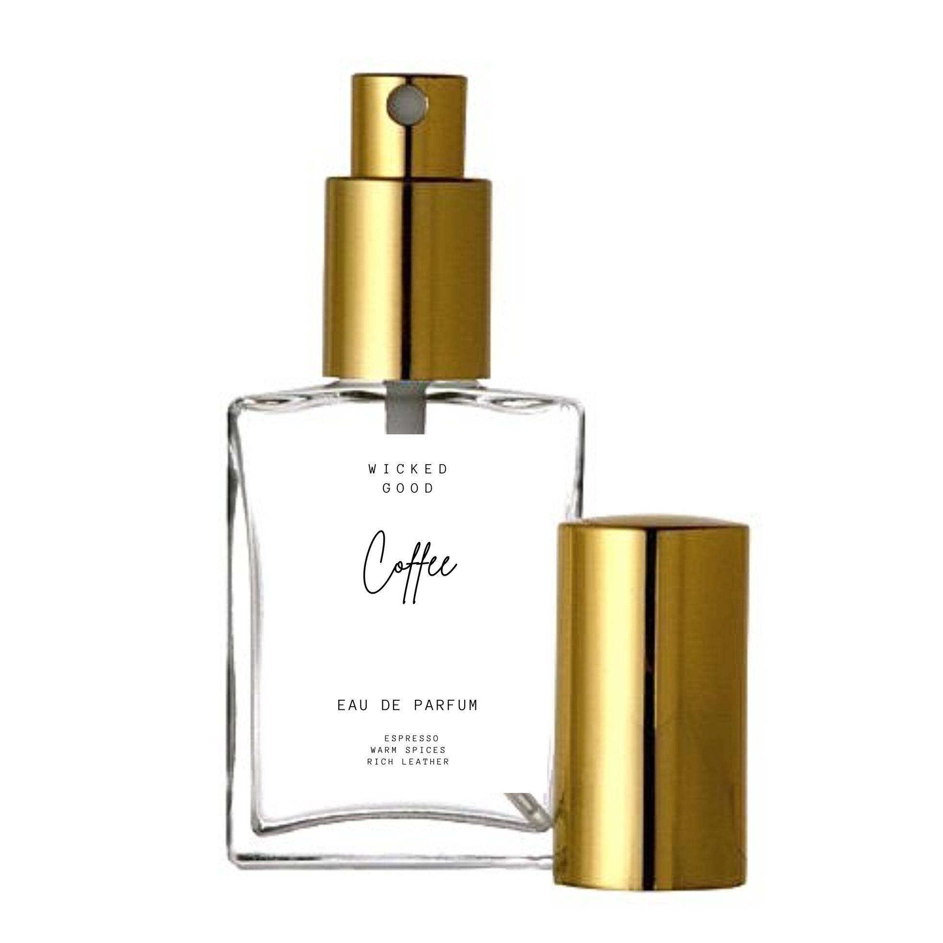 Perfume bottle labeled 'Coffee' by Wicked Good with gold cap and base on a white background