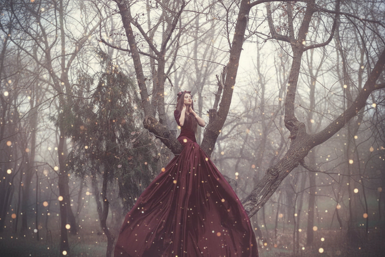 Woman in a red dress sitting on a tree branch in a foggy forest