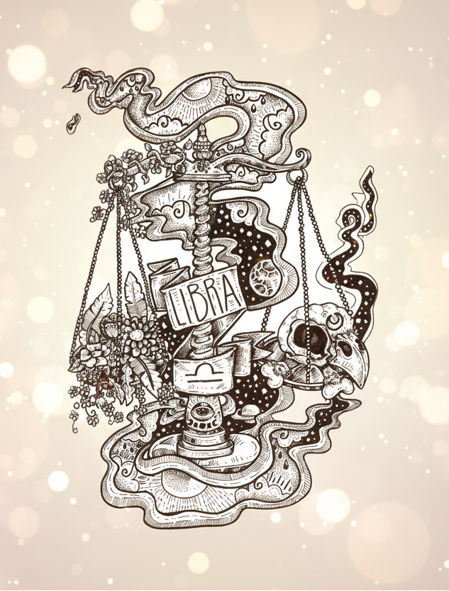 Detailed illustration of the Libra zodiac sign on a decorative scale with a beige background.