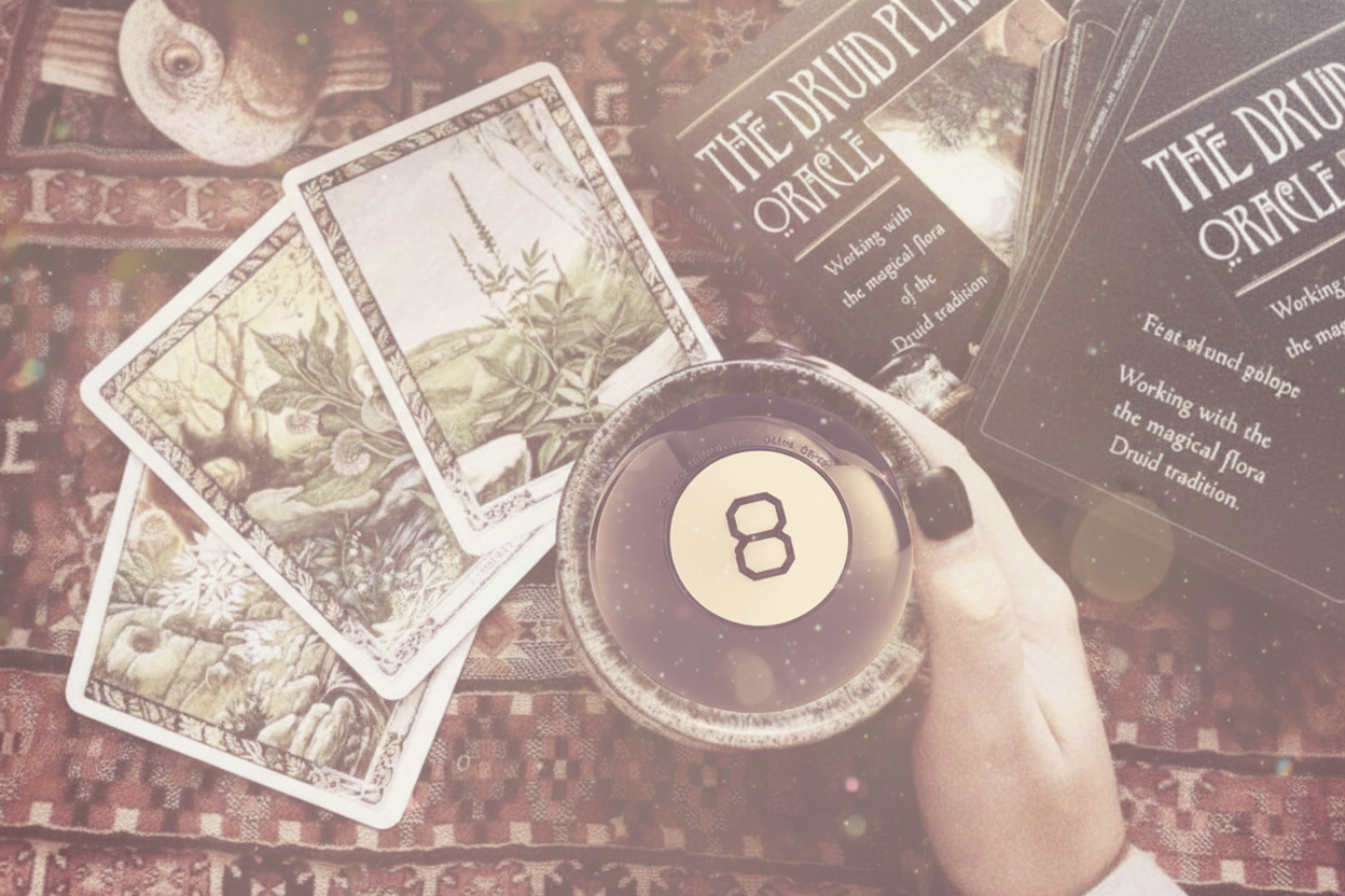 T tarot cards with a crystal ball and book titled 'The Druid Plant Oracle' on a textured surface.