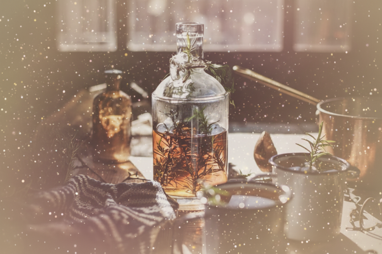 Bottle of gin with botanicals on a bar counter with a blurred background