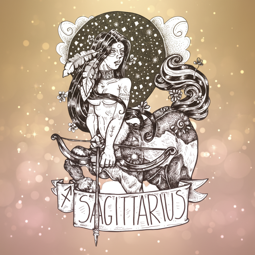 Tattoo-style illustration of a woman with a bow and arrow, representing the zodiac sign Sagittarius.