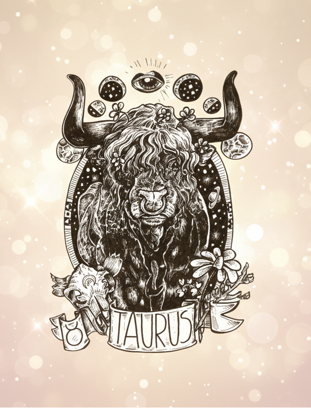 Illustration of Taurus zodiac sign with decorative elements on a beige background