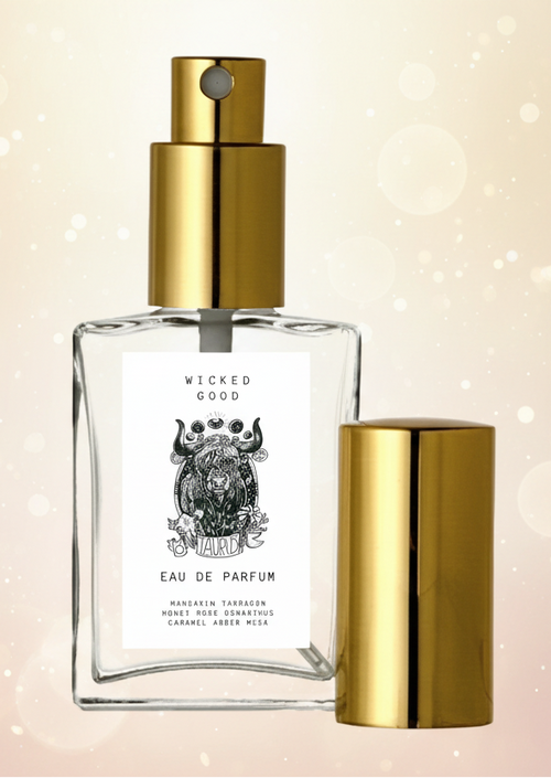 Eau de Parfum bottle with gold cap and label on a light background