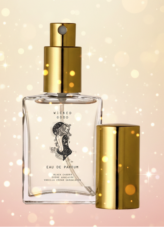 Eau de parfum bottle with gold cap and label on a light background