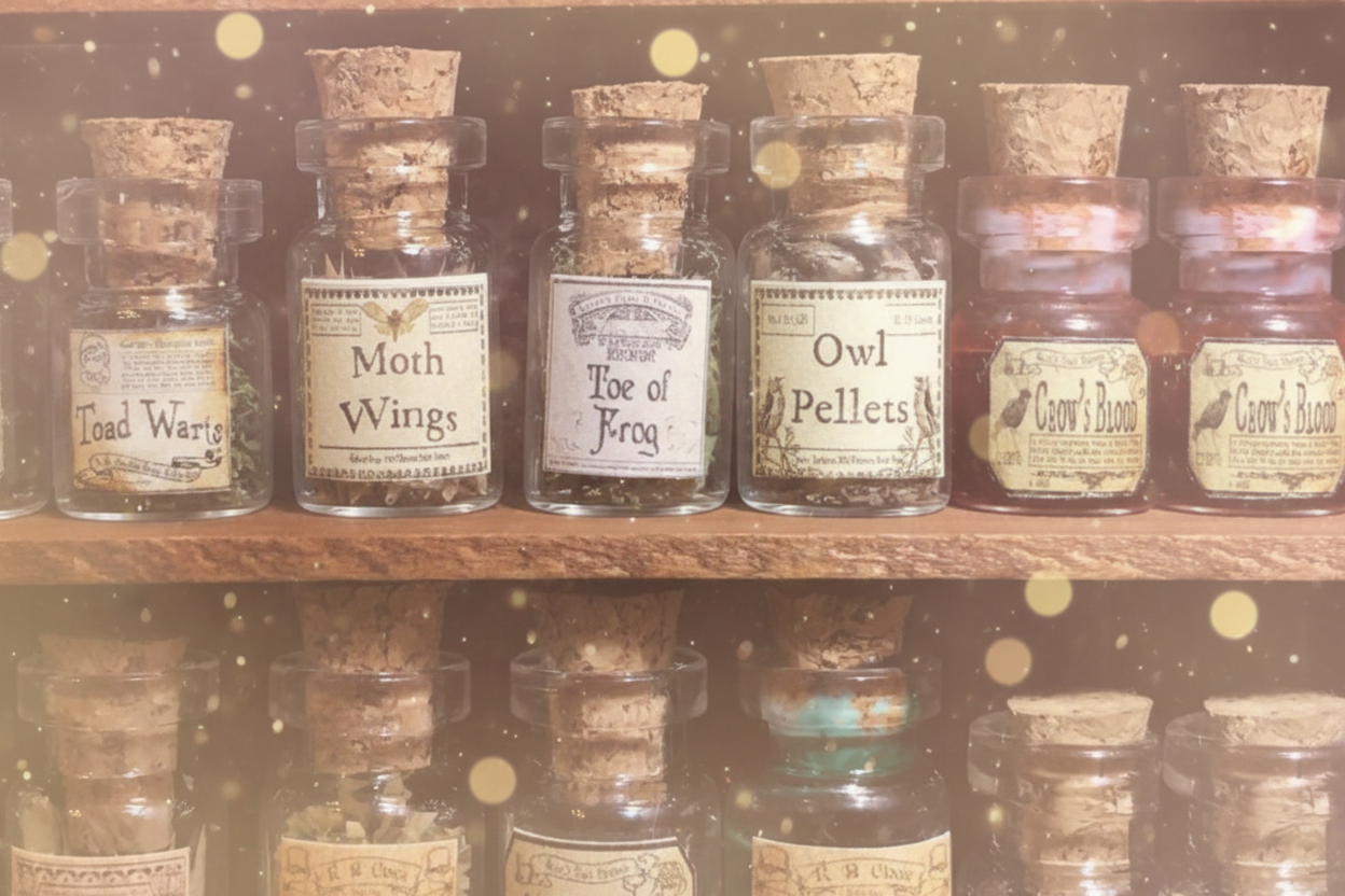 Row of small glass jars with cork stoppers on a wooden shelf, each labeled with a different ingredient.