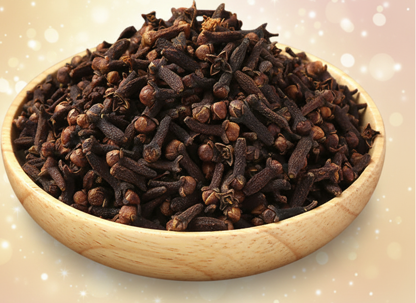 Wooden bowl filled with cloves on a woven mat