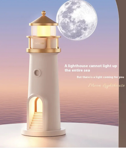 Decorative lighthouse with a moon in the background