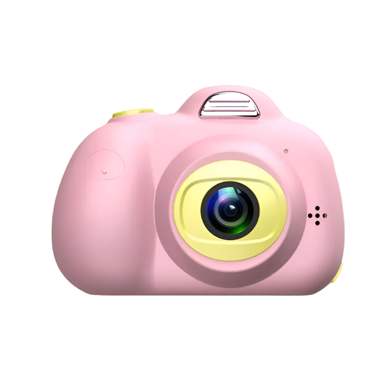 Pink toy camera with a yellow lens on a pink background