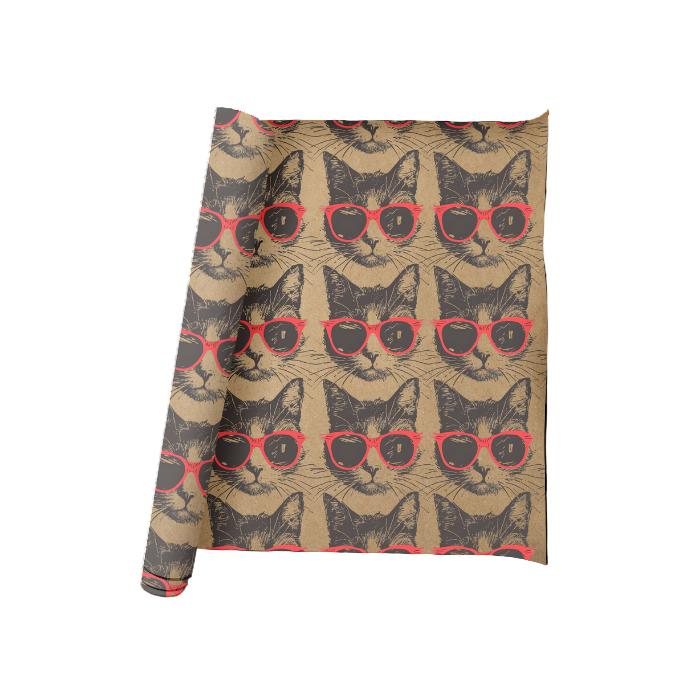 Patterned fabric with cats wearing sunglasses on a beige background