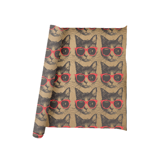 Patterned fabric with cats wearing sunglasses on a beige background
