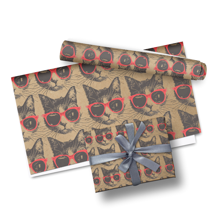 Roll of wrapping paper with cat design and a ribbon on a white background