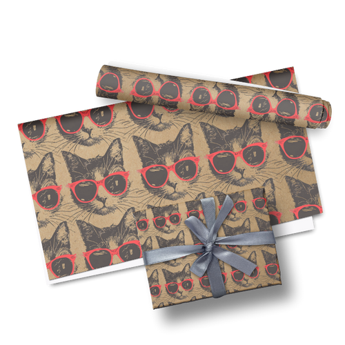 Roll of wrapping paper with cat design and a ribbon on a white background